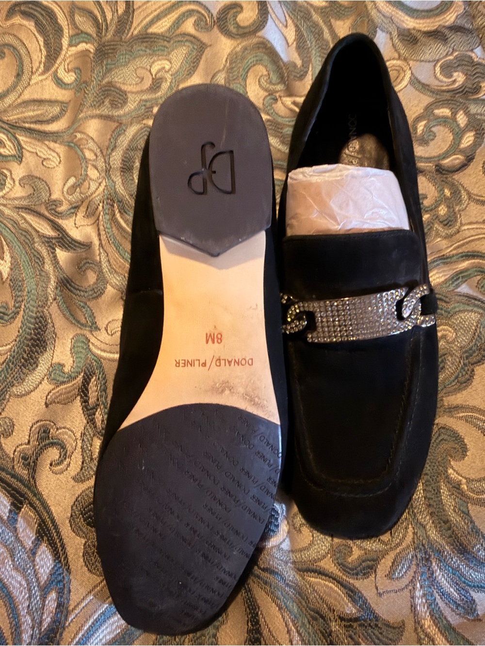 Donald J. Pliner Black Suede Loafers with Crystal Chain Accent - Picture 3 of 7